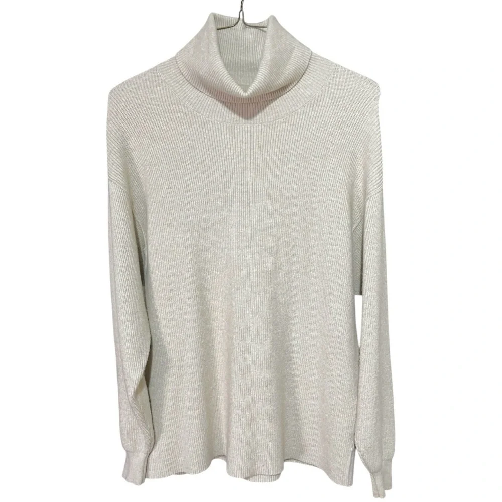 Free People Softly Structured Turtleneck Ribbed Knit Oversized Sweater Oatmeal - Picture 4 of 9